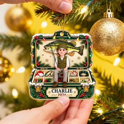 Personalized Acrylic Ornament, Green and Gold Cartoon Angler Holding a Fishing Rod, Unique Christmas Gift for Dad or Grandpa