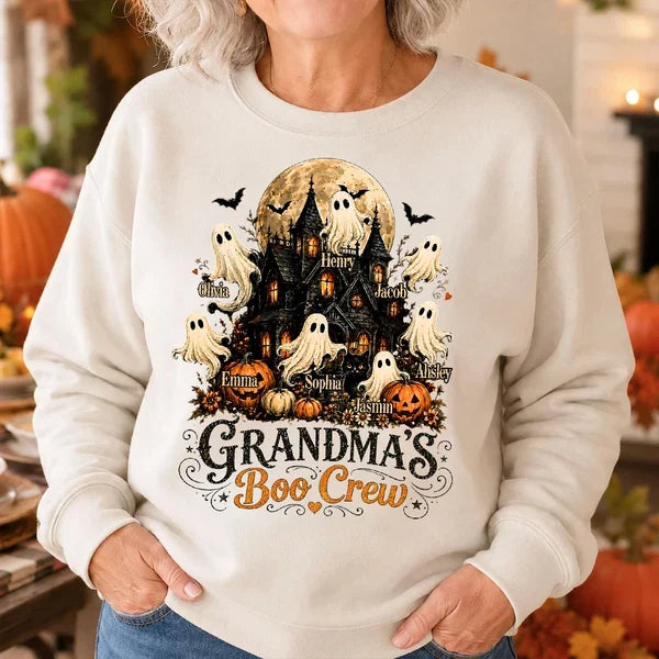 Personalized Classic Tee, Floating Ghosts at a Moonlit Haunted House, Unique Halloween Gift for Grandma