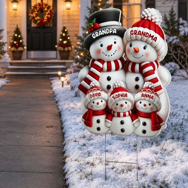 Personalized Snowman Family Shaped Yard Sign, Gathered in a Snowy Yard, Unique Christmas Gift for Grandparents
