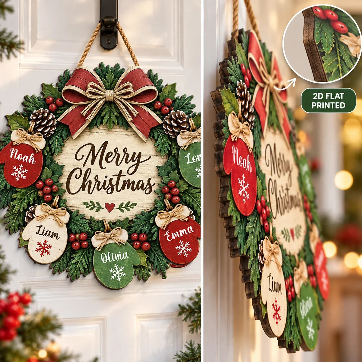 Personalized Christmas Door Sign with Mitten Wreath, Rustic Family Decor, Unique Gift for Grandparents