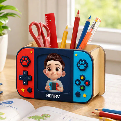 Personalized Wooden Pen Holder, Cute Gamer Boy Holding Controller, Unique Back To School Gift For Kids