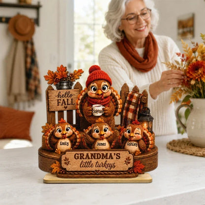 Personalized Wooden Plaque, Grandma Turkey Holding a Mug in a Hello Fall Scene, Unique Gift for Grandma