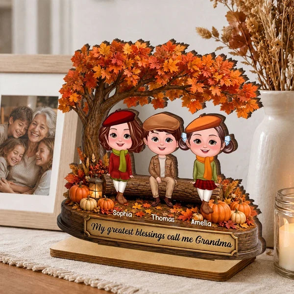 Personalized Wooden Plaque, Grandkids Sitting Under an Autumn Tree, Unique Gift for Grandma