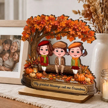 Personalized Wooden Plaque, Grandkids Sitting Under an Autumn Tree, Unique Gift for Grandma
