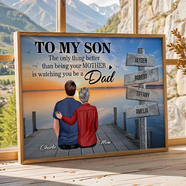 Personalized Poster for Son, Custom Family Signpost Sunset Lake Art, Unique Father's Day Gift from Mom