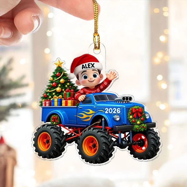 Personalized Acrylic Ornament, Waving Kid in Blue Monster Truck, Colorful Christmas Tree Decor, Unique Gift for Kids