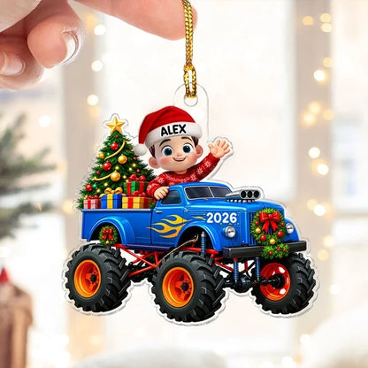 Personalized Acrylic Ornament, Waving Kid in Blue Monster Truck, Colorful Christmas Tree Decor, Unique Gift for Kids