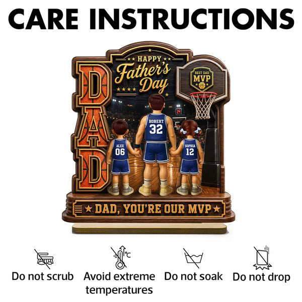 Personalized 2-Layer Wooden Plaque, Basketball Dad Holding Hands On Court, Unique Gift For Dad