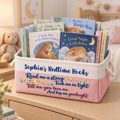Personalized Cotton Linen Rope Basket, Pastel Nursery Bedtime Book Storage, Unique Gift for Kids