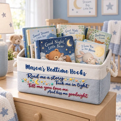 Personalized Cotton Linen Rope Basket, Pastel Nursery Bedtime Book Storage, Unique Gift for Kids