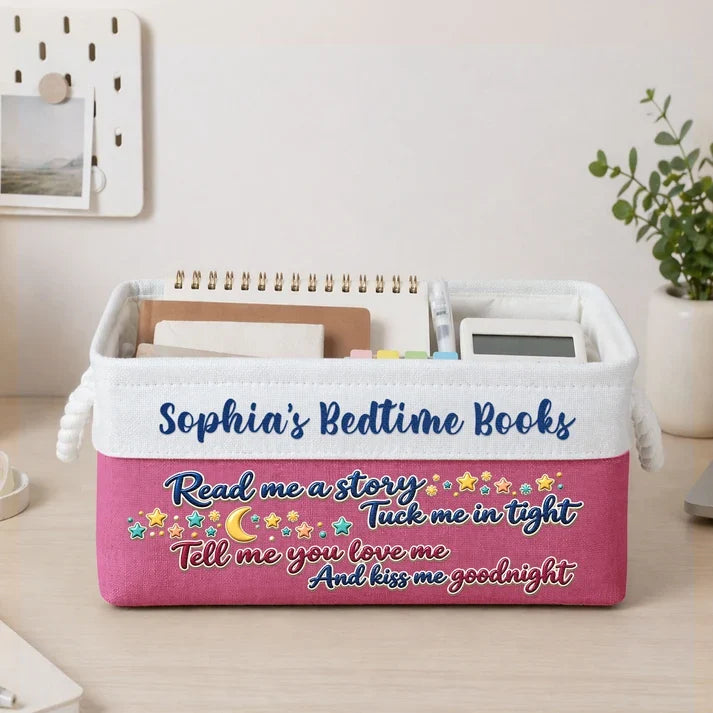 Personalized Cotton Linen Rope Basket, Pastel Nursery Bedtime Book Storage, Unique Gift for Kids