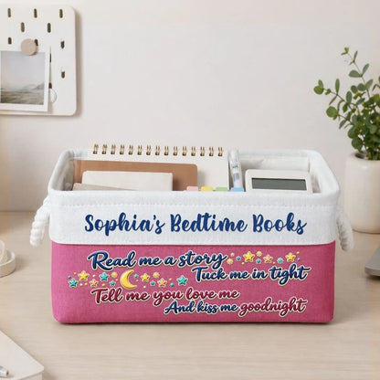 Personalized Cotton Linen Rope Basket, Pastel Nursery Bedtime Book Storage, Unique Gift for Kids