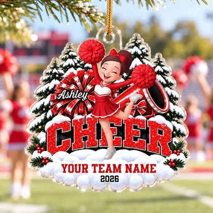 Personalized Acrylic Ornament, Cheerleader Cheering With Pom Poms by Snowy Trees, Unique Christmas Gift for Cheerleaders
