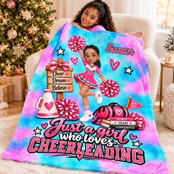 Cheerleading Fleece Blanket with Posing Cheerleader, Personalized Encouraging Creative Gift for Granddaughter