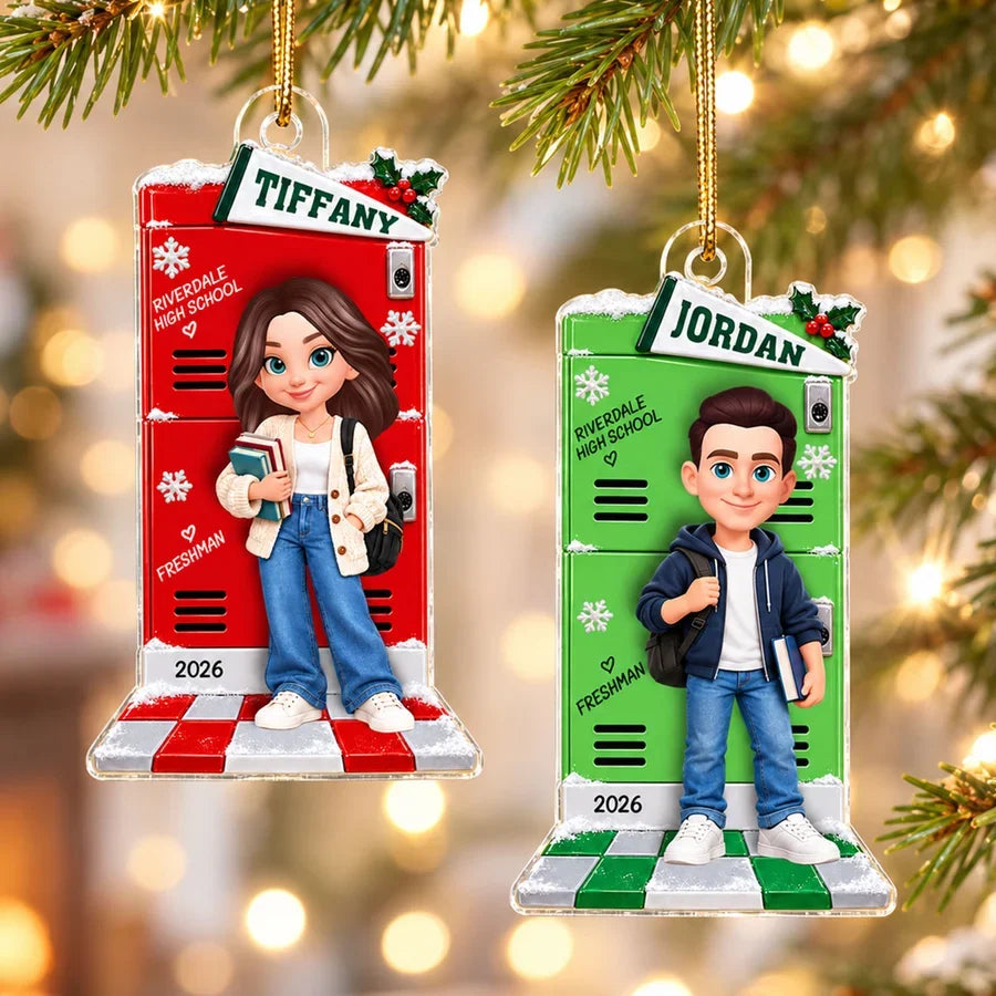 Personalized Acrylic Ornament, Student Holding Books by a Festive School Locker, Unique Christmas Gift for Daughter