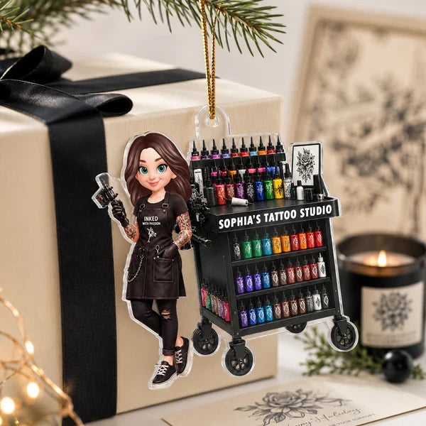Personalized Acrylic Ornament, Tattoo Artist Holding Machine by Ink Cart on Christmas Tree, Unique Gift for Her