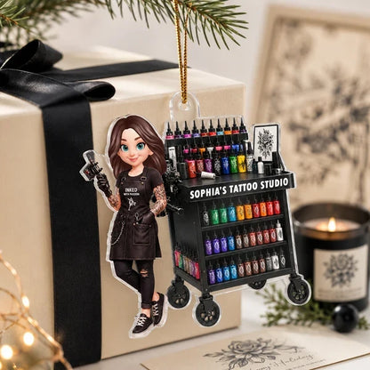 Personalized Acrylic Ornament, Tattoo Artist Holding Machine by Ink Cart on Christmas Tree, Unique Gift for Her