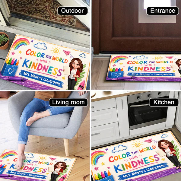 Personalized Standard Doormat With Standing Teacher & Kindness Quote, Unique Back To School Gift