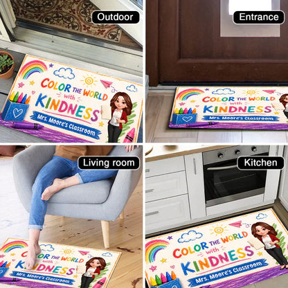 Personalized Standard Doormat With Standing Teacher & Kindness Quote, Unique Back To School Gift