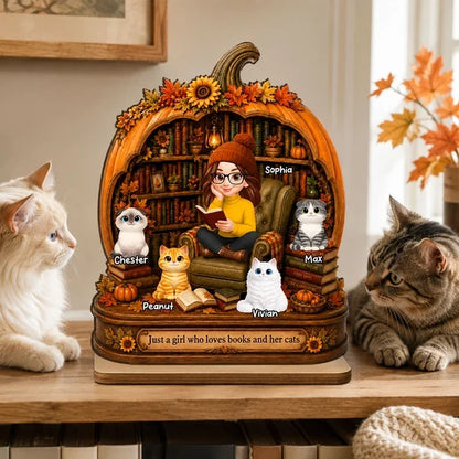 Personalized 2-Layer Wooden Plaque, Reading Girl with Cats in an Autumn Library, Unique Gift for Book Lovers