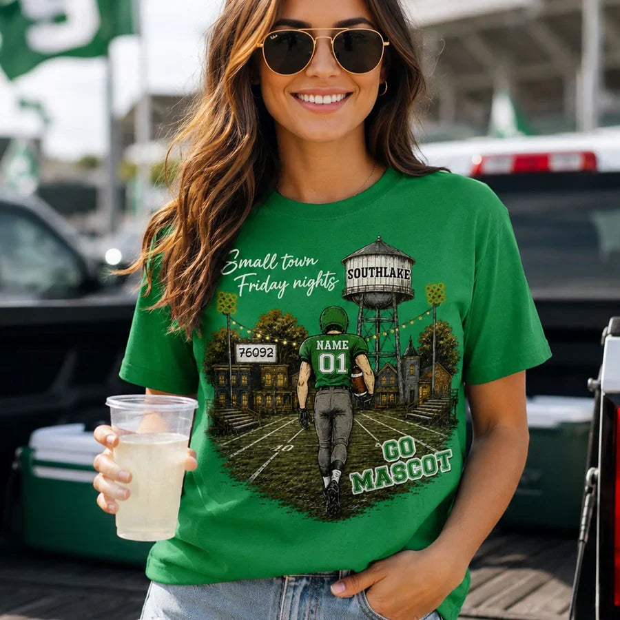 Personalized Classic Tee, Football Player Walking onto a Lit Field, Creative Game Day Gift for Mom