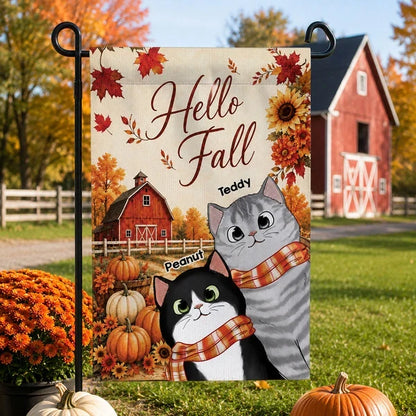 Personalized Garden Flag, Cute Black Cat in a Rustic Fall Farm Scene, Creative Gift for Cat Lovers