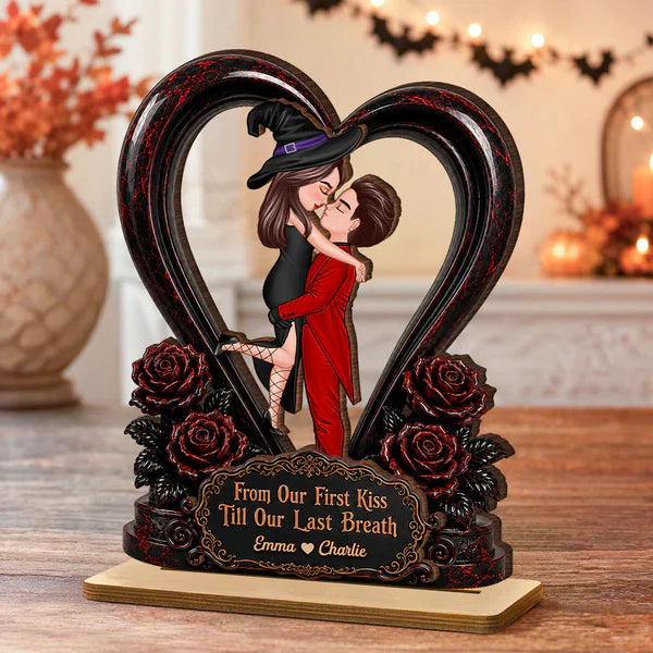 Personalized 2-Layer Wooden Plaque, Halloween Couple Kiss, Unique Gift for Boyfriend or Girlfriend