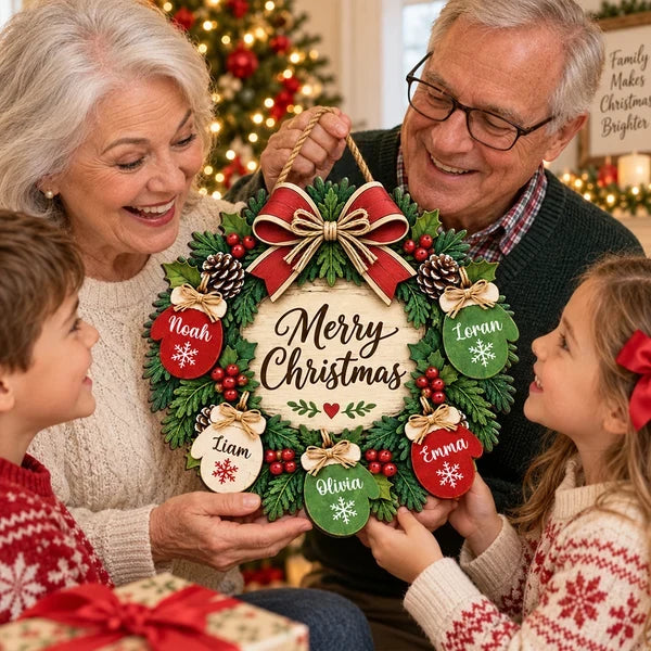 Personalized Christmas Door Sign with Mitten Wreath, Rustic Family Decor, Unique Gift for Grandparents