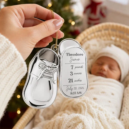 Personalized Acrylic Ornament, Silver Baby Shoe Hanging on a Festive Tree, Creative Keepsake Gift for Mom & Dad
