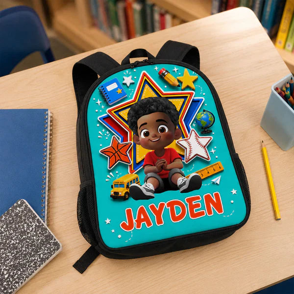 Personalized Kids School Backpack with Sitting Cartoon Boy, Classroom Style, Creative Gift for Son