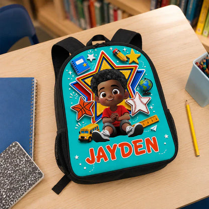 Personalized Kids School Backpack with Sitting Cartoon Boy, Classroom Style, Creative Gift for Son