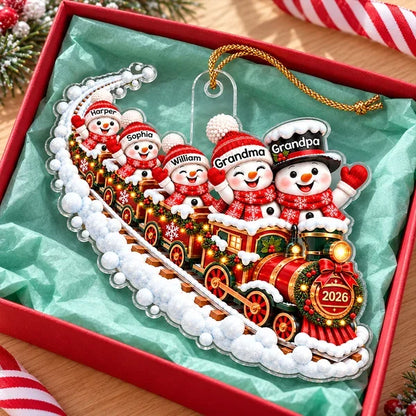 Personalized Acrylic Ornament, Snowman Family Train in Festive Red, Unique Christmas Gift for Grandparents