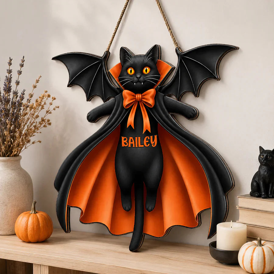 Personalized Cat Vampire Wooden Sign, Pumpkin Front Door Decor, Unique Gift for Cat Lovers