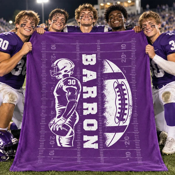 Personalized Fleece Blanket, Football Player Holding the Ball on the Field, Unique Gift for Son or Grandson