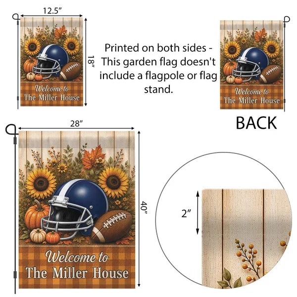 Personalized Garden Flag with Football Helmet, Pumpkins and Sunflowers, Unique Fall Gift for Family