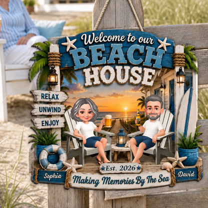 Personalized Wooden Sign, Sitting Couple Beach Sunset, Welcome to Our Beach House Unique Gift For Couple