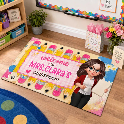 Personalized Standard Doormat With Pastel Pencils & Cartoon Teacher, Creative Gift For Classroom Entry