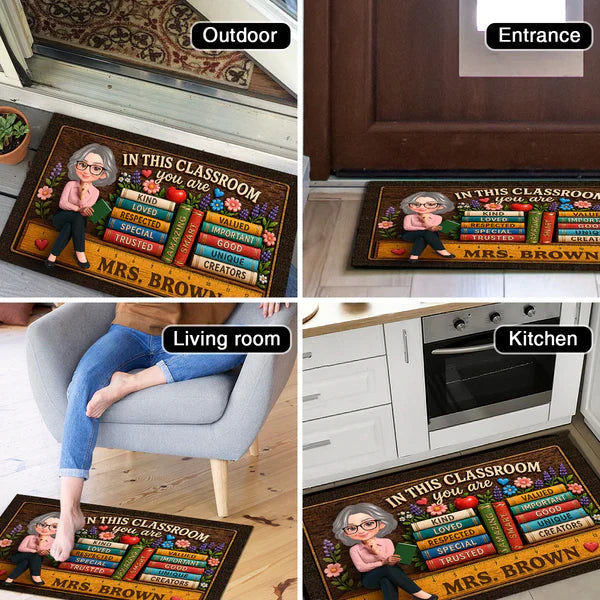 Personalized Teacher Doormat With Classroom Books, Unique Creative Gift For Back To School Entryway