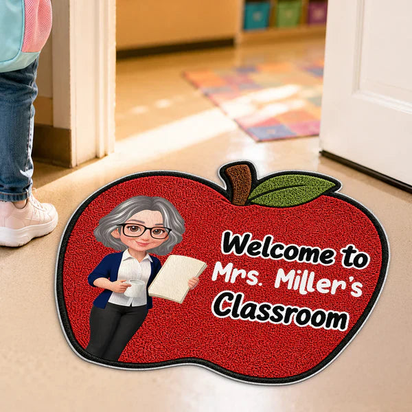 Personalized Shaped Doormat with Smiling Teacher & Apple, Unique Back to School Gift for Teacher