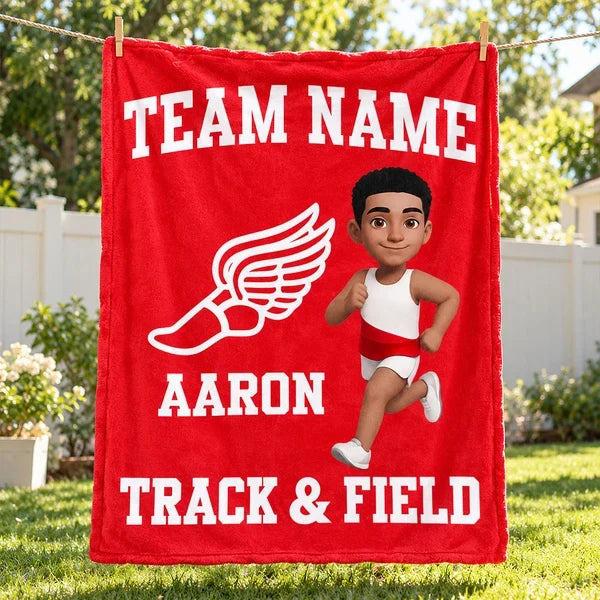 Personalized Track & Field Fleece Blanket, Red Running Girl Design, Unique Gift for Young Athletes