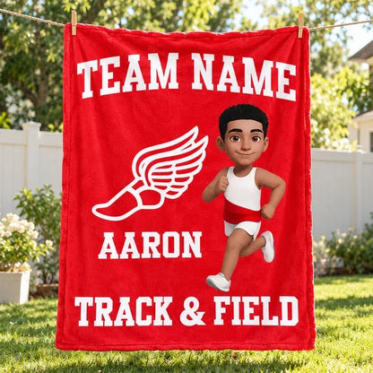 Personalized Track & Field Fleece Blanket, Red Running Girl Design, Unique Gift for Young Athletes