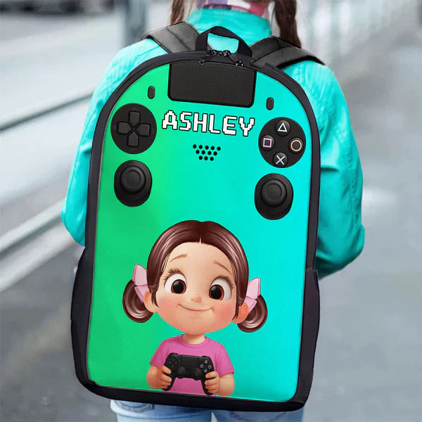 Personalized Kids School Backpack, Blue & Red Gamer Cartoon Boy Holding Controller, Unique Gift for Kids