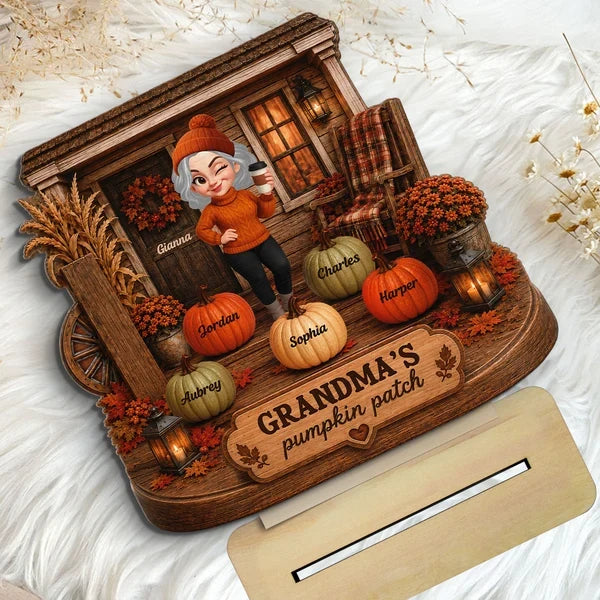 Personalized Wooden Plaque, Grandma Holding Coffee on a Cozy Autumn Porch, Unique Family Gift