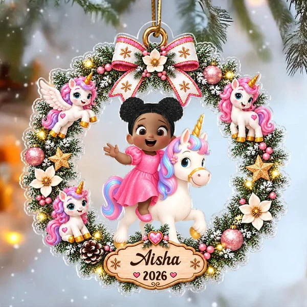 Personalized Acrylic Ornament, Cartoon Child Riding a Unicorn in a Christmas Wreath, Unique Gift for Kids