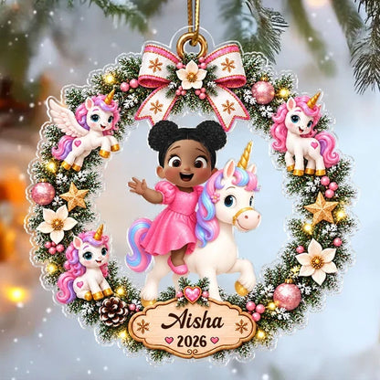 Personalized Acrylic Ornament, Cartoon Child Riding a Unicorn in a Christmas Wreath, Unique Gift for Kids