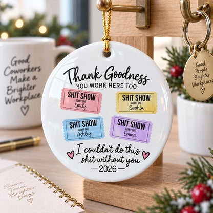 Personalized Ceramic Ornament with Colorful Office Tickets, Hanging Christmas Tree Decor, Unique Coworker Gift