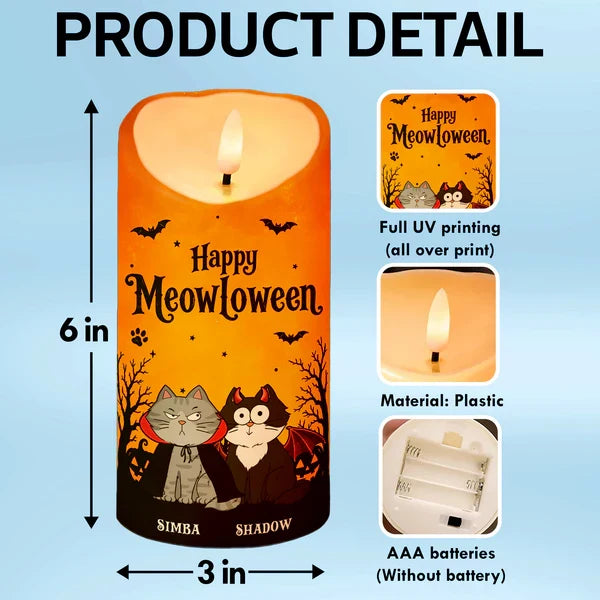 Personalized Flameless LED Candle with Cat Halloween Art, Unique Gift for Cat Mom & Pet Lover
