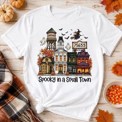 Personalized Classic Tee, Halloween Nostalgia with Flying Witch Over an Autumn Town, Creative Gift for Friends and Family