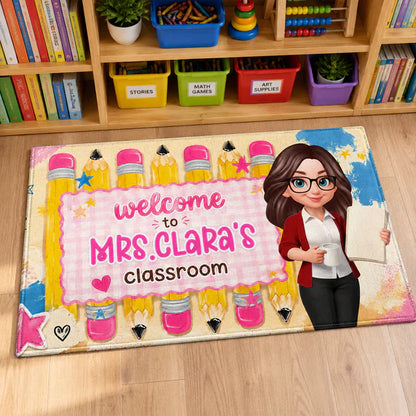 Personalized Standard Doormat With Pastel Pencils & Cartoon Teacher, Creative Gift For Classroom Entry