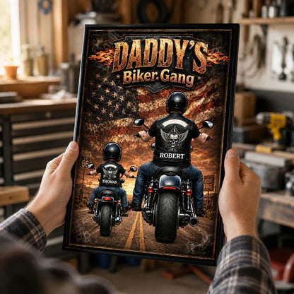 Daddy's Biker Gang Personalized Poster, Dad & Child Riding Motorcycles, Unique Father's Day Gift for Dad
